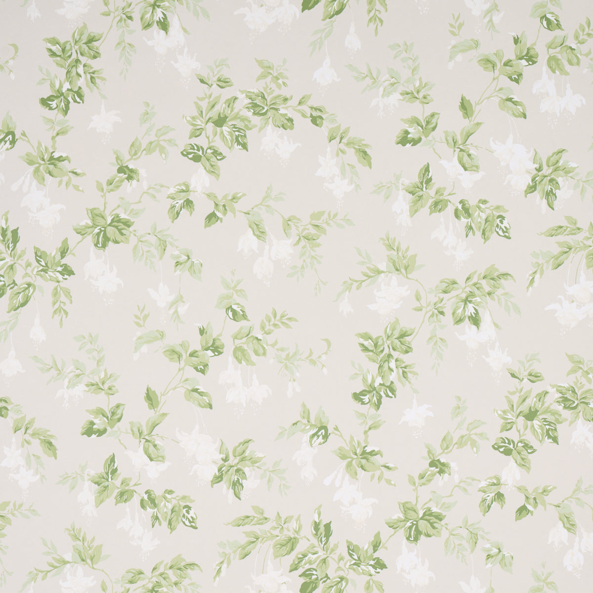 Garden Gate wallpaper in soft neutral with painterly green leaves and white blooms, classic floral design by Schumacher