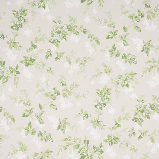 Garden Gate wallpaper in soft neutral with painterly green leaves and white blooms, classic floral design by Schumacher