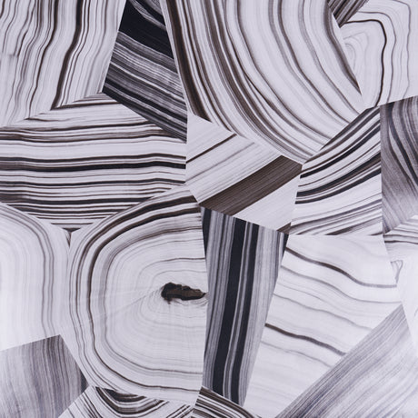 Black and white abstract agate slice patterned wallpaper by Schumacher, designed by Miles Redd, shown in a styled interior and close-up views.