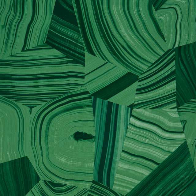 Agate Slice wallpaper in Malachite Green by Miles Redd for Schumacher, featuring a high-gloss, abstract stone pattern.
