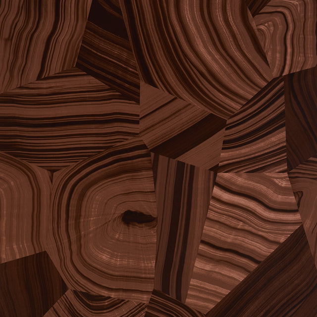 Miles Redd Agate Slice Tigers Eye wallpaper with abstract high-gloss stone pattern in rich brown tones, shown in detail and installed in a modern living room.