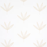 Rue Sand by Schumacher - Modern leaf line drawing wallpaper in a soft sand color, shown in a styled bathroom interior.