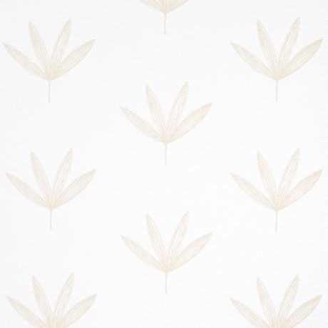 Rue Sand by Schumacher - Modern leaf line drawing wallpaper in a soft sand color, shown in a styled bathroom interior.