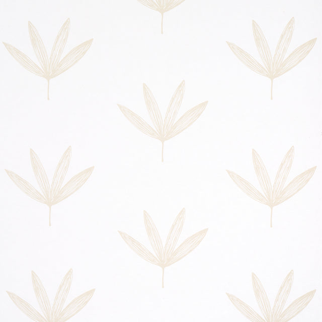 Rue Sand by Schumacher - Modern leaf line drawing wallpaper in a soft sand color, shown in a styled bathroom interior.