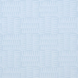 Charlie Sky by Schumacher - Small-scale geometric pennant stripe wallpaper in light blue, shown in detail and in a styled bedroom setting.