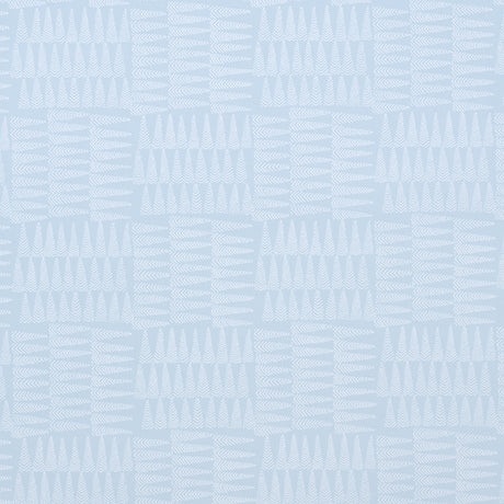 Charlie Sky by Schumacher - Small-scale geometric pennant stripe wallpaper in light blue, shown in detail and in a styled bedroom setting.