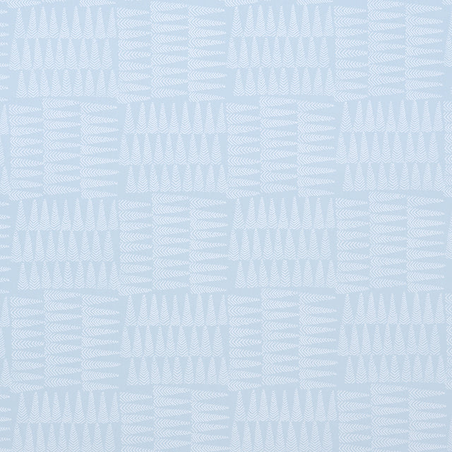 Charlie Sky by Schumacher - Small-scale geometric pennant stripe wallpaper in light blue, shown in detail and in a styled bedroom setting.