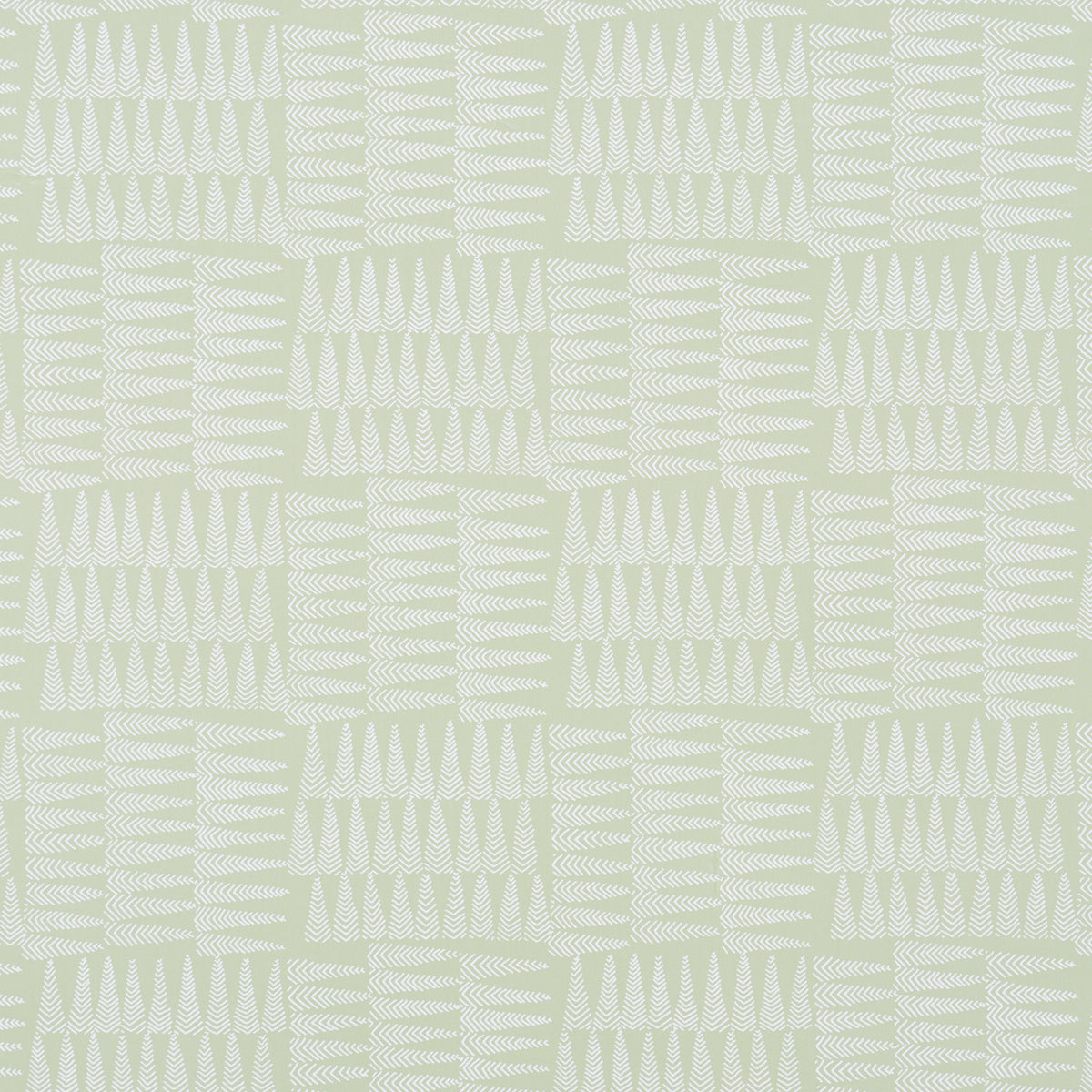 Charlie green wallpaper by Schumacher featuring a dense forest of pennant stripes in a small-scale pattern, shown in a styled bedroom setting.