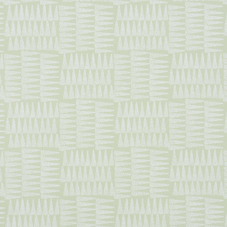 Charlie green wallpaper by Schumacher featuring a dense forest of pennant stripes in a small-scale pattern, shown in a styled bedroom setting.