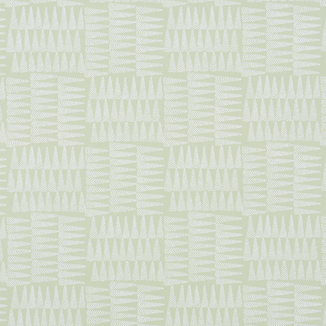 Charlie green wallpaper by Schumacher featuring a dense forest of pennant stripes in a small-scale pattern, shown in a styled bedroom setting.