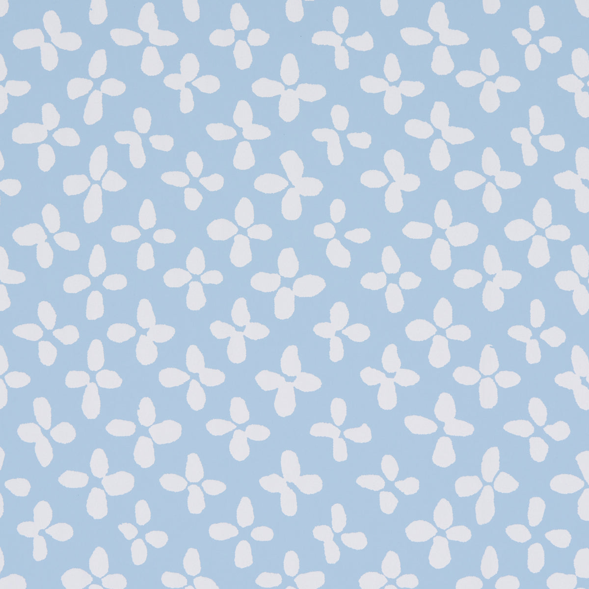 Emerson wallpaper in ivory on sky blue, small-scale quatrefoil-inspired print by Schumacher, shown as a roll and installed in a bright room.