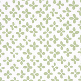 Emerson green-on-ivory small-scale quatrefoil print wallpaper by Schumacher, shown in close-up, roll, and room setting.