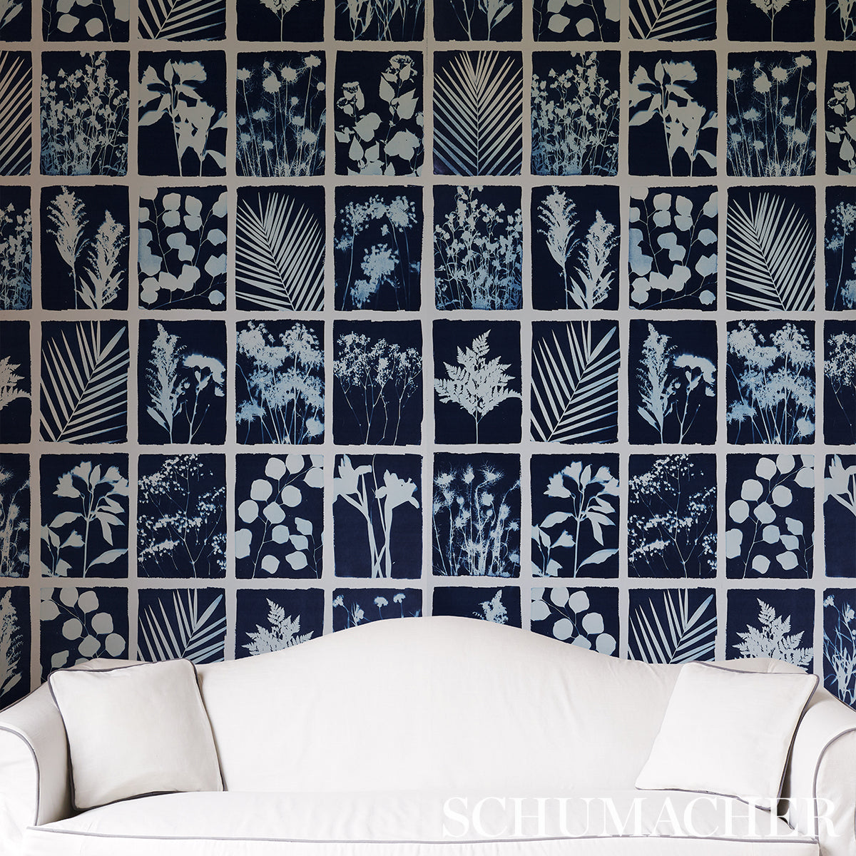 Cyanotype Panel Indigo Botanical Grid Wallpaper – Schumacher 5013970
