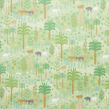 Las Colinas green wallpaper with a charming pastoral landscape of animals, palm trees, and foliage, inspired by handwoven South and Central American textiles.