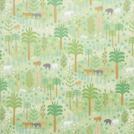 Las Colinas green wallpaper with a charming pastoral landscape of animals, palm trees, and foliage, inspired by handwoven South and Central American textiles.