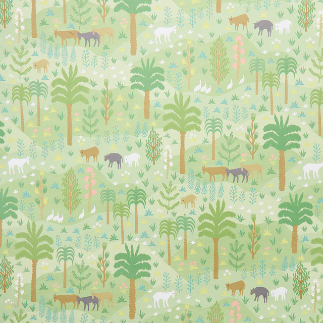 Las Colinas green wallpaper with a charming pastoral landscape of animals, palm trees, and foliage, inspired by handwoven South and Central American textiles.