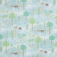 Las Colinas blue wallpaper with whimsical pastoral landscape, animals, and palm trees by Schumacher