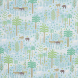 Las Colinas blue wallpaper with whimsical pastoral landscape, animals, and palm trees by Schumacher
