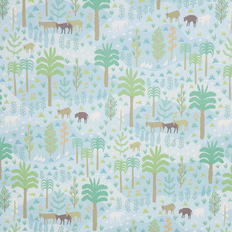 Las Colinas blue wallpaper with whimsical pastoral landscape, animals, and palm trees by Schumacher