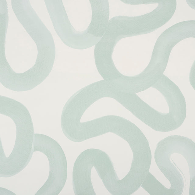 Trace wallpaper in Ice by Hadiya Williams for Schumacher, featuring a gestural, painterly abstract design in soft blue-green on white.