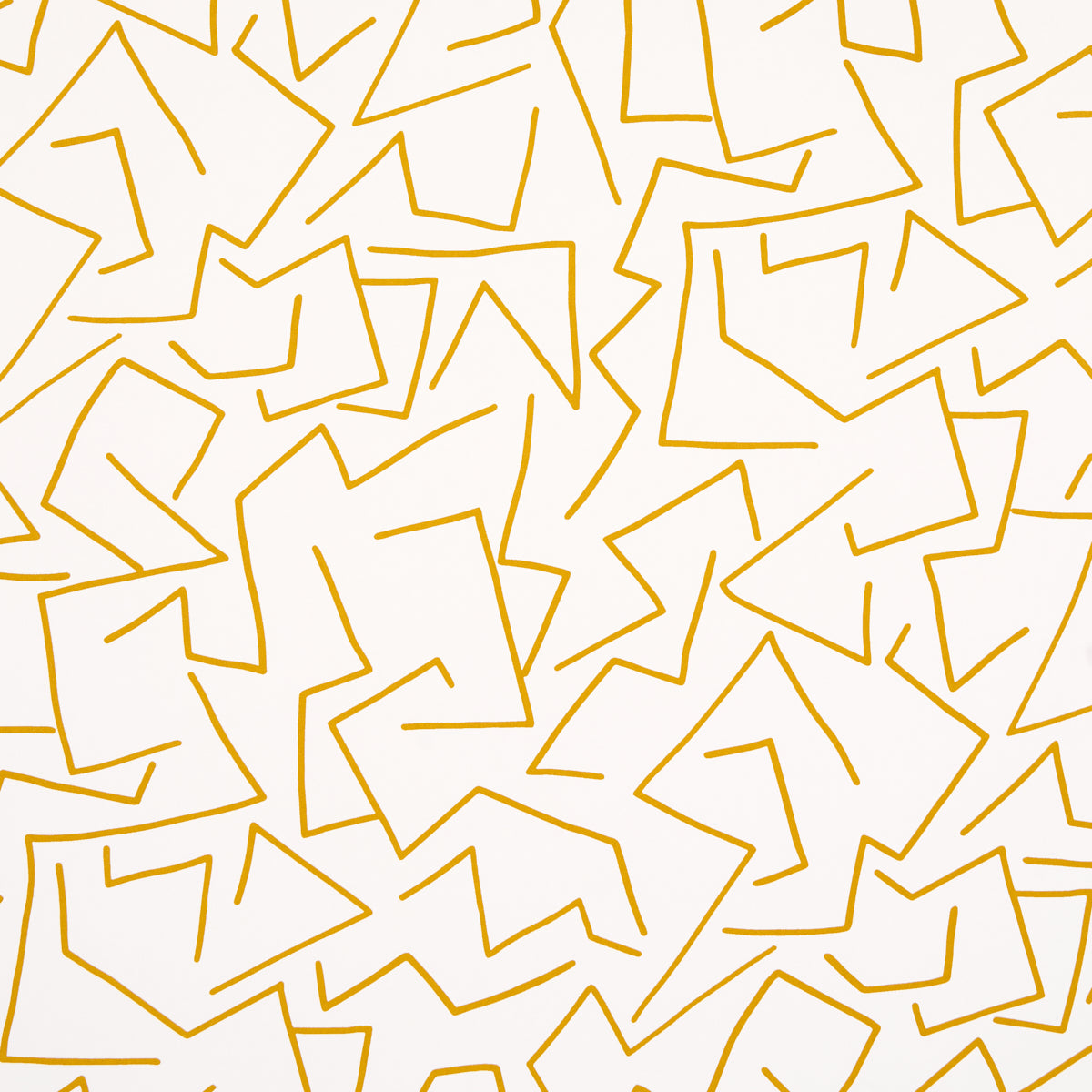 Tangent wallpaper in ochre by Hadiya Williams for Schumacher, featuring a lively linear abstract pattern in yellow ochre on white.