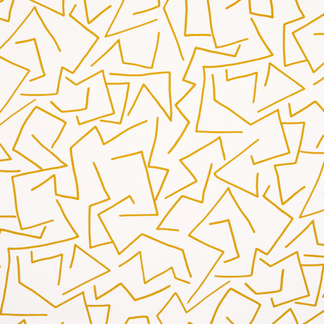 Tangent wallpaper in ochre by Hadiya Williams for Schumacher, featuring a lively linear abstract pattern in yellow ochre on white.