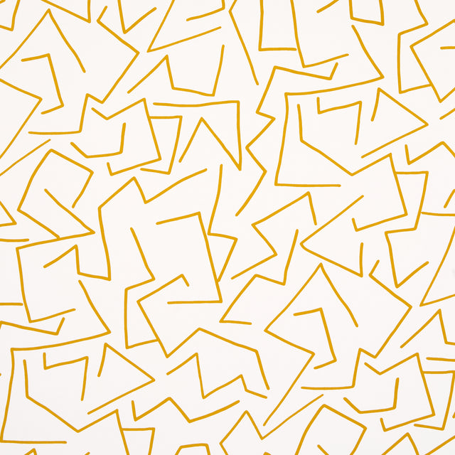 Tangent wallpaper in ochre by Hadiya Williams for Schumacher, featuring a lively linear abstract pattern in yellow ochre on white.