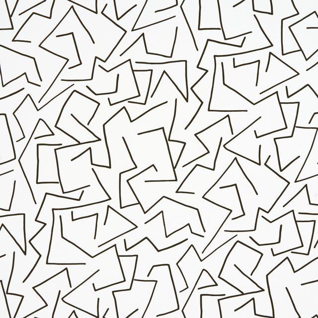 Tangent wallpaper in ivory by Hadiya Williams for Schumacher, featuring a lively linear abstract pattern in black on white.