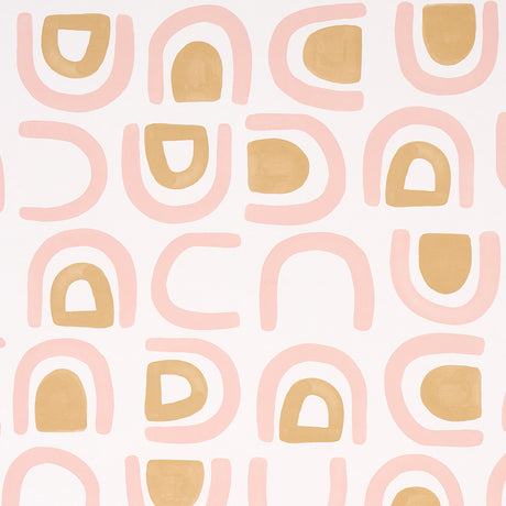 Threshold wallpaper in Salt & Ochre by Hadiya Williams for Schumacher, featuring a lively abstract grid pattern in pink and ochre tones.