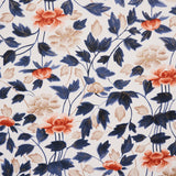 Imari Blue Ink by David Kaihoi for Schumacher - Japanese porcelain inspired floral wallpaper with blue, coral, and beige flowers and leaves.
