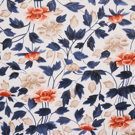 Imari Blue Ink by David Kaihoi for Schumacher - Japanese porcelain inspired floral wallpaper with blue, coral, and beige flowers and leaves.