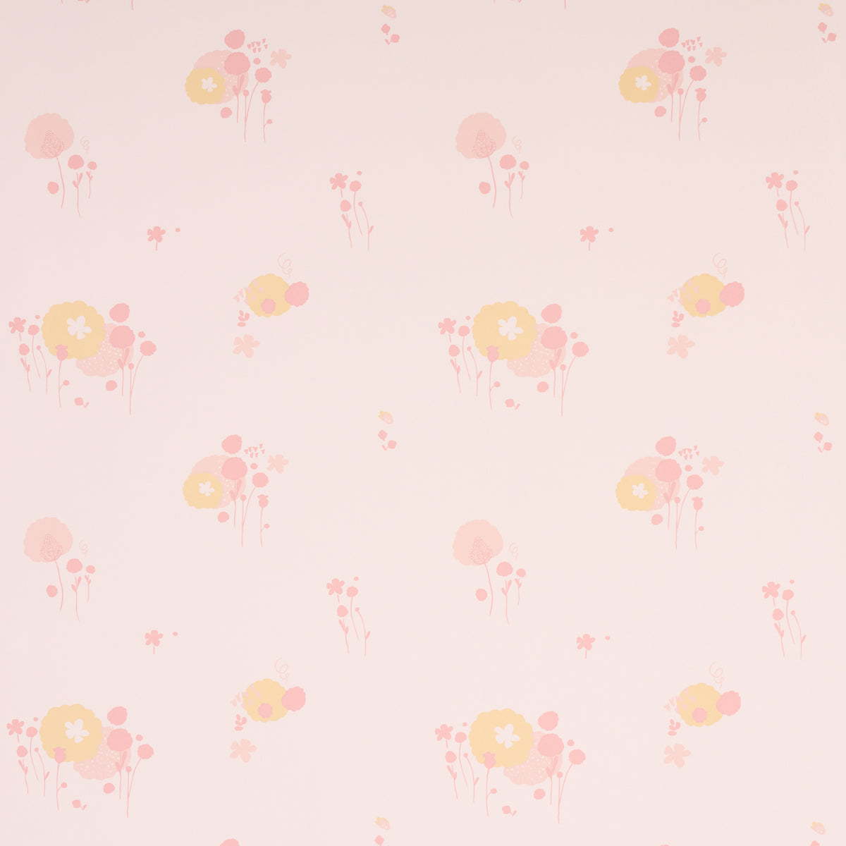 Pom Pom Forest wallpaper in blush by Marie-Chantal for Schumacher, featuring a delicate small-scale floral pattern in soft pink and yellow tones.