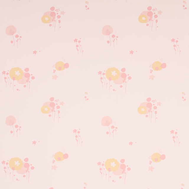 Pom Pom Forest wallpaper in blush by Marie-Chantal for Schumacher, featuring a delicate small-scale floral pattern in soft pink and yellow tones.