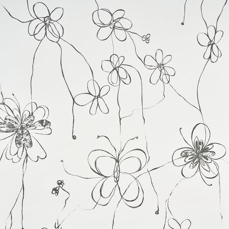Come Back as a Flower wallpaper in soft black by Hera Ford for Schumacher, featuring hand-drawn floral line art on a light background.