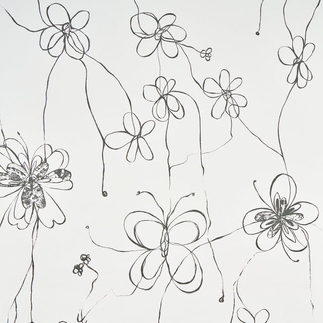 Come Back as a Flower wallpaper in soft black by Hera Ford for Schumacher, featuring hand-drawn floral line art on a light background.