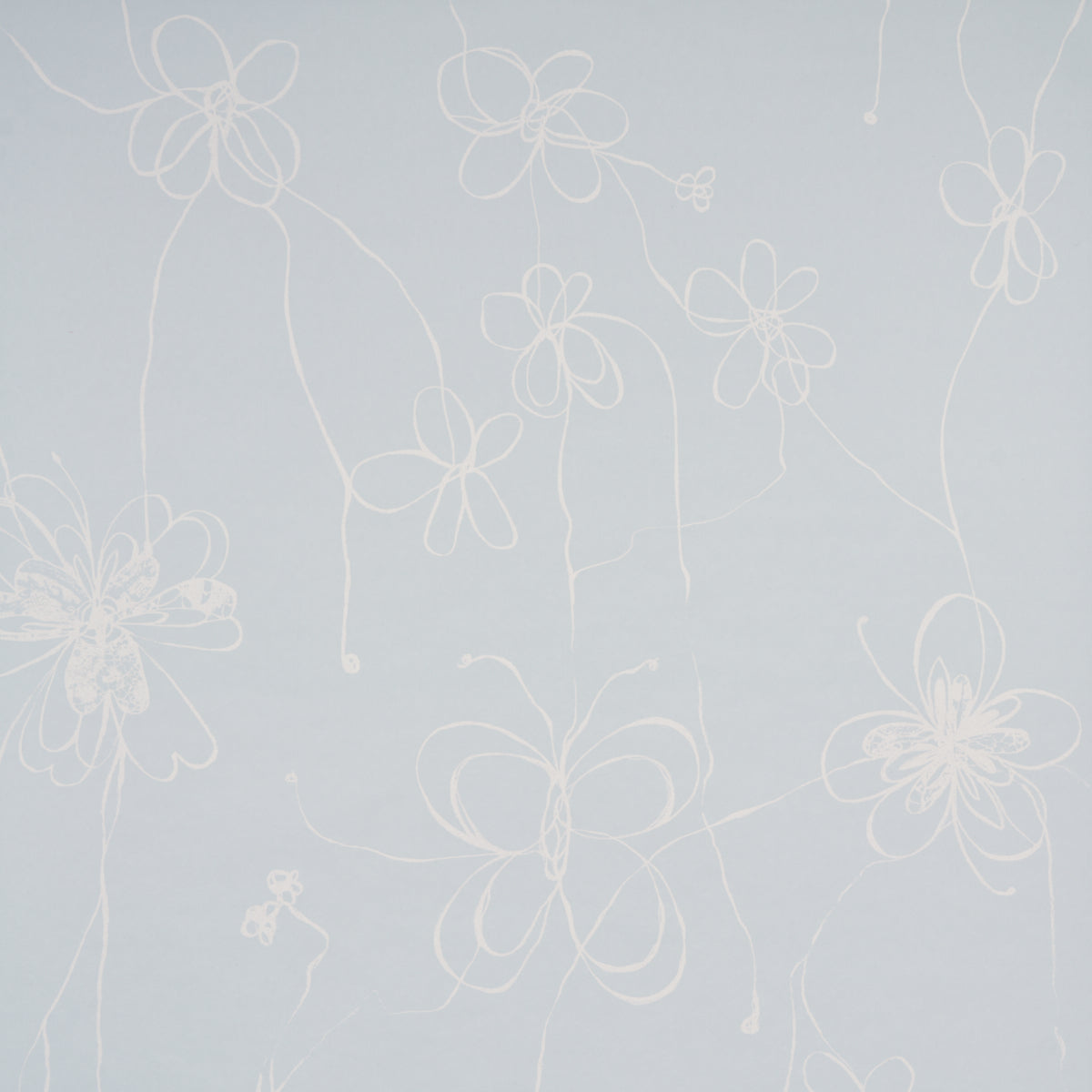 Come Back as a Flower wallpaper in Mineral by Hera Ford for Schumacher. Hand-drawn floral design in soft blue and white, shown in a modern bedroom setting.