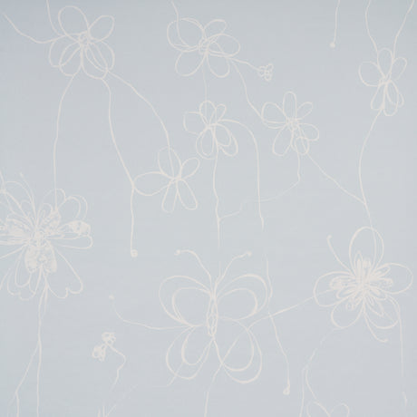 Come Back as a Flower wallpaper in Mineral by Hera Ford for Schumacher. Hand-drawn floral design in soft blue and white, shown in a modern bedroom setting.