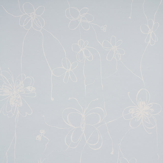 Come Back as a Flower wallpaper in Mineral by Hera Ford for Schumacher. Hand-drawn floral design in soft blue and white, shown in a modern bedroom setting.