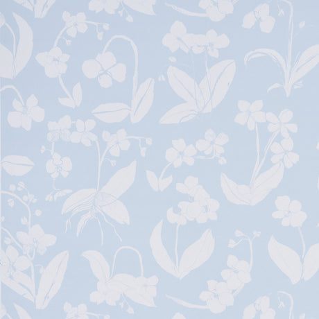 Orchids Have Dreams wallpaper in sky blue by Hera Ford for Schumacher, featuring large-scale painterly orchid silhouettes.