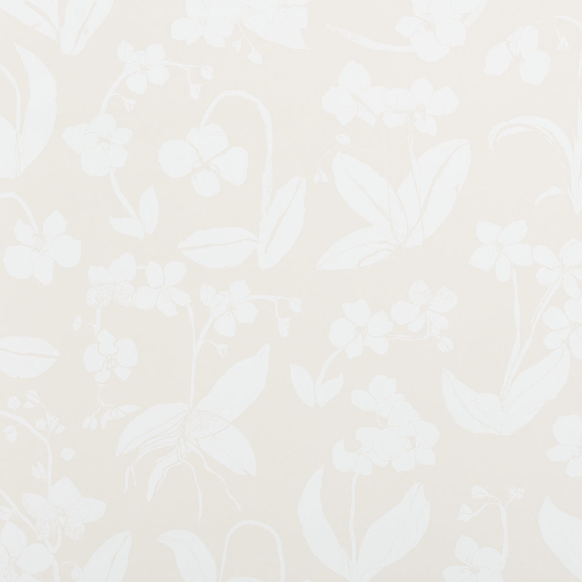 Orchids Have Dreams wallpaper in light neutral by Hera Ford for Schumacher, featuring a large-scale painterly floral silhouette design.