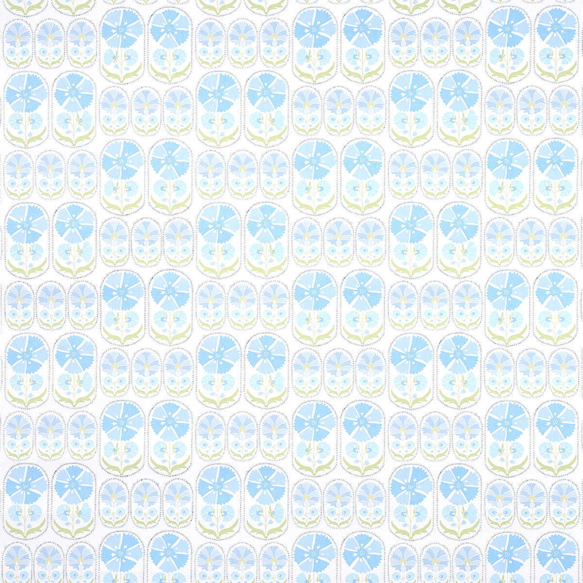 Anjuna Floral Sky wallpaper by Schumacher featuring stylized blue flowers in a hand-block print inspired by antique Suzani textiles.
