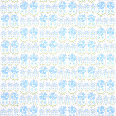 Anjuna Floral Sky wallpaper by Schumacher featuring stylized blue flowers in a hand-block print inspired by antique Suzani textiles.