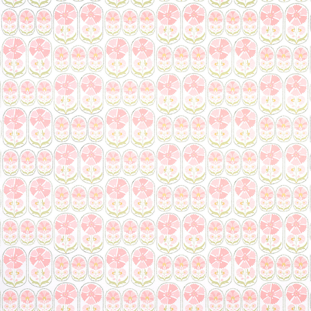Anjuna Floral Blush wallpaper by Schumacher featuring stylized pink flowers in a hand-block print style, inspired by antique Suzani textiles.