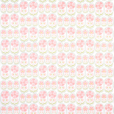 Anjuna Floral Blush wallpaper by Schumacher featuring stylized pink flowers in a hand-block print style, inspired by antique Suzani textiles.