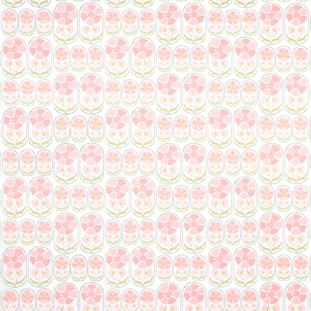 Anjuna Floral Blush wallpaper by Schumacher featuring stylized pink flowers in a hand-block print style, inspired by antique Suzani textiles.