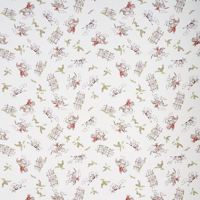 Wild West wallpaper in cream by Schumacher, featuring playful vintage cowboys and cowgirls in a whimsical Western scene.
