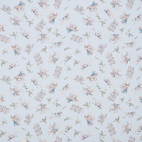 Wild West wallpaper in blue by Marie-Chantal for Schumacher, featuring playful cowboys and cowgirls in a vintage Western motif.