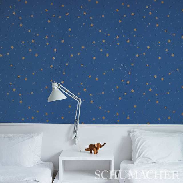 Scattered Stars Night by Marie-Chantal Celestial Blue and Gold Wallpaper – Schumacher 5014141