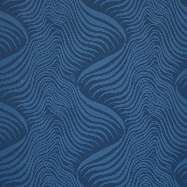 Sauvage Navy abstract animal print wallpaper by Schumacher, featuring a tonal wavy pattern in deep blue.