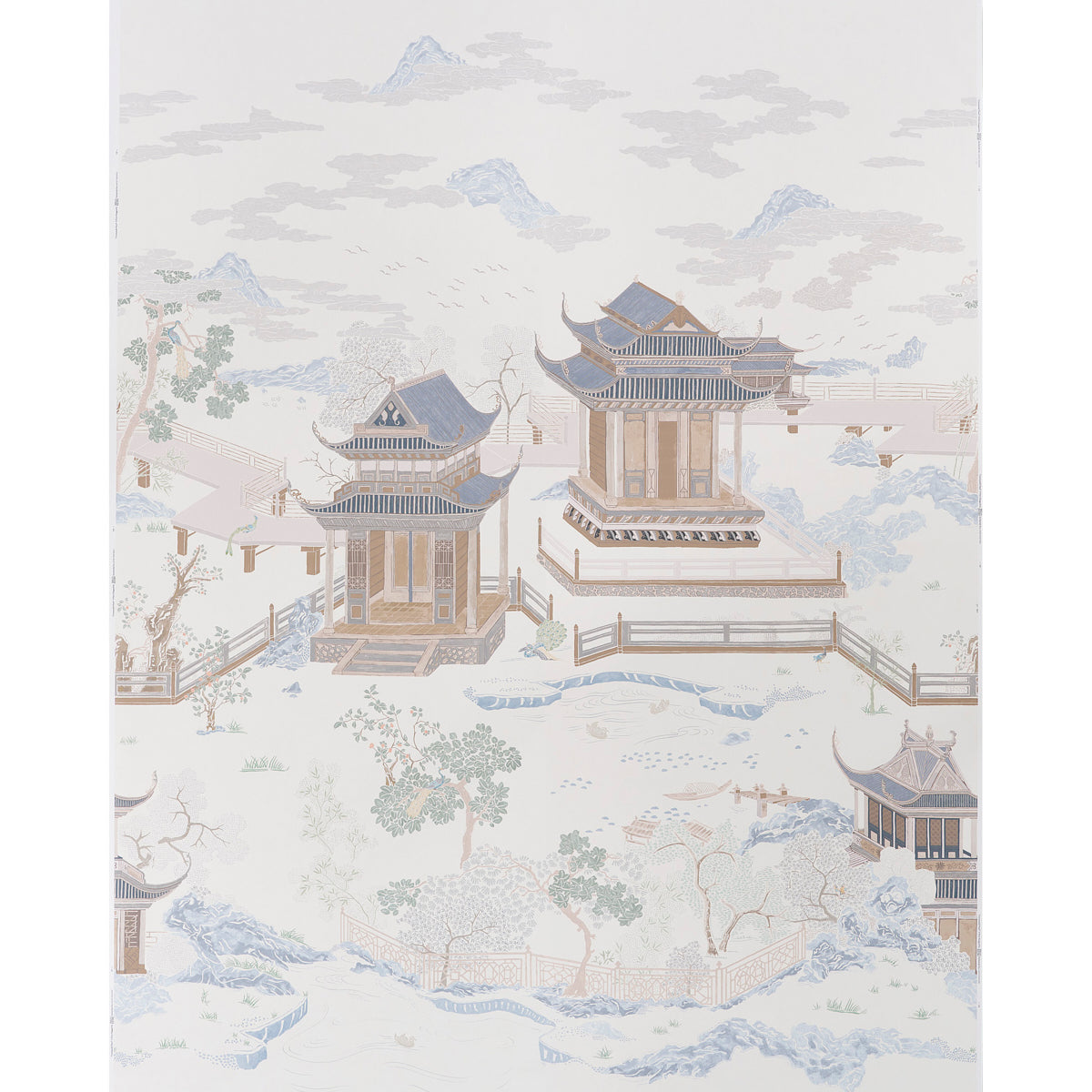 Coromandel Panel Set in Alabaster by Schumacher, designed by Miles Redd, featuring oversized scenic pagodas and magical gardens.